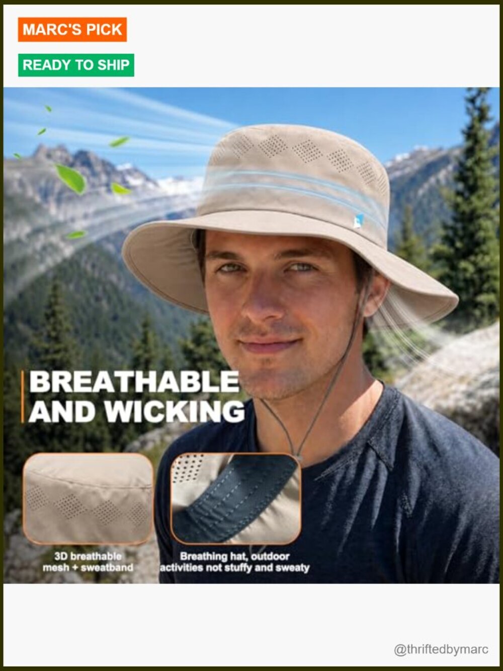 UPF 50+ Wide Brim Sun Hat, Breathable Mesh Bucket Hat for Hiking Fishing Beach, - Picture 3 of 7